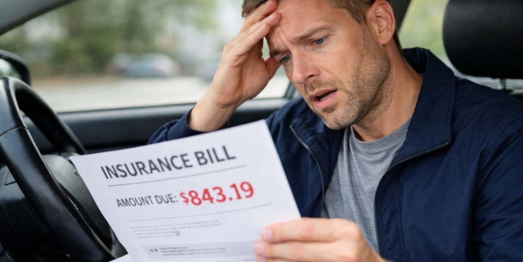 Driver stressed reviewing auto insurance bill